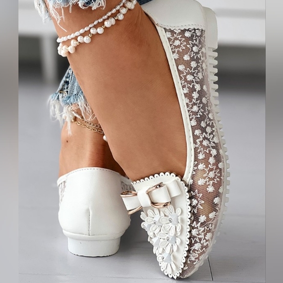 Floral Embroidery White Bowknot Decor Women's Loafers Size 38 US 7 - Picture 3 of 4